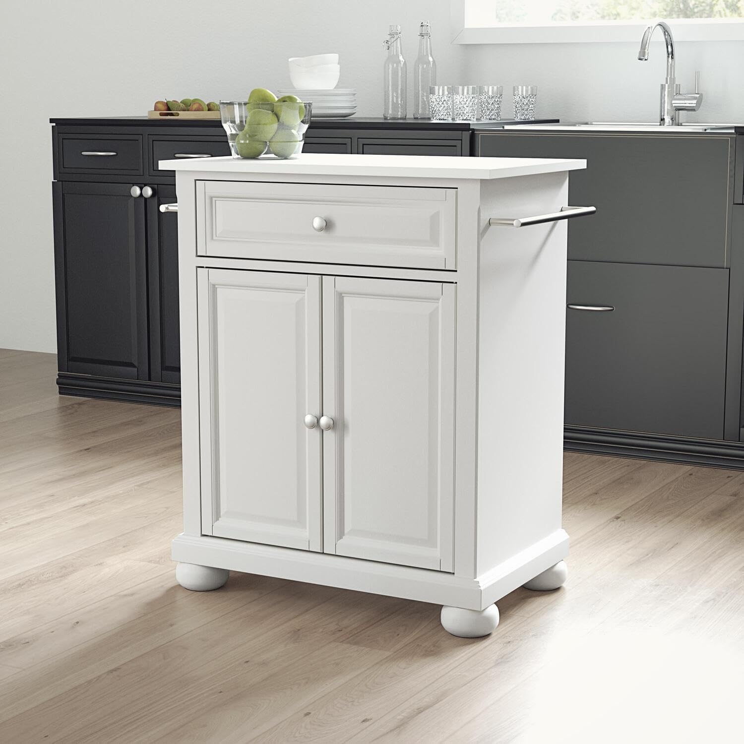 HomeStock Southwestern Style Stone Top Portable Kitchen Island,Spacious Countertop,Portable Design,Modern Kitchen Furniture,Convenient,/Cart White/White
