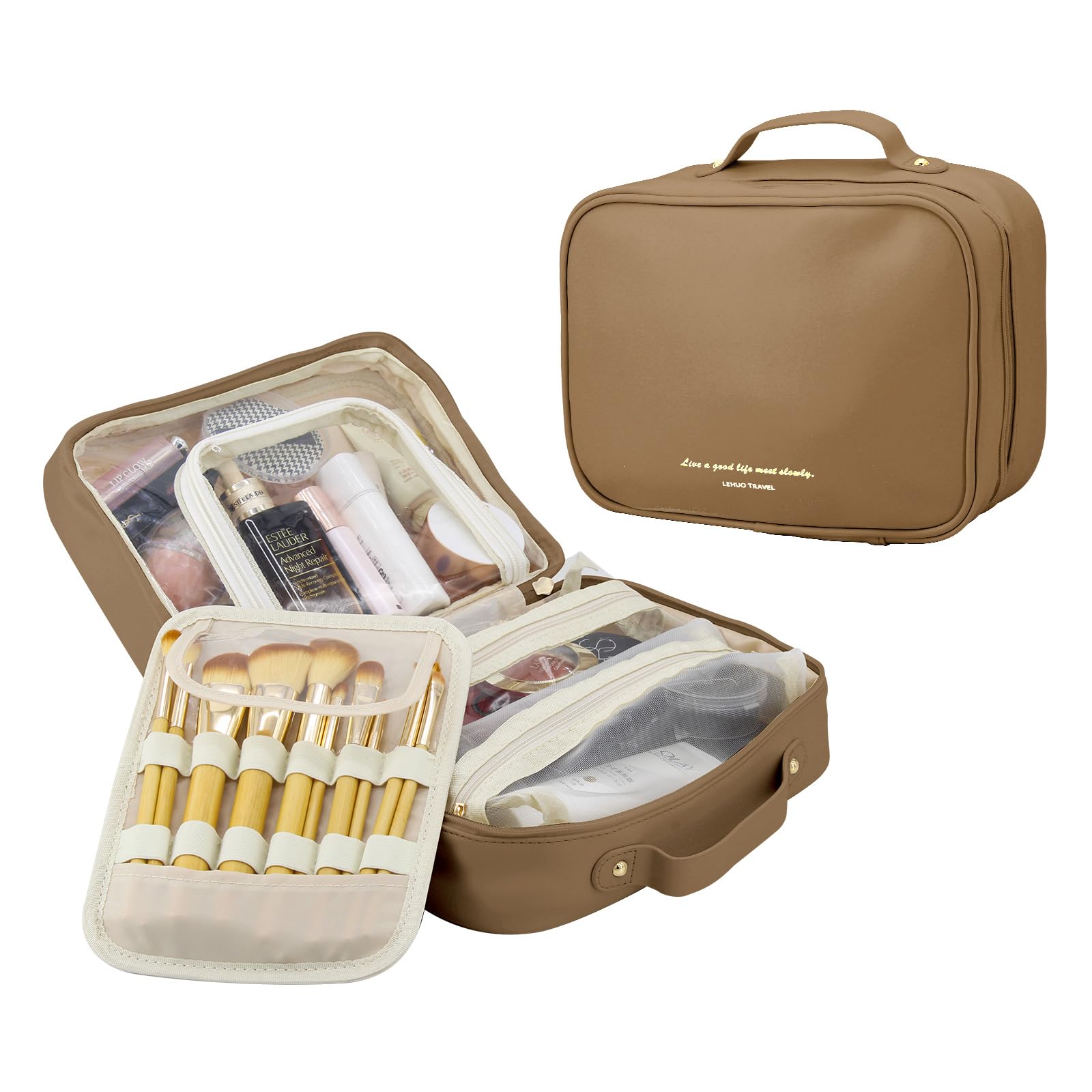 MENRU Travel Makeup Bag Large Capacity Cosmetic Organizer Waterproof Leather Toiletry Bag with Brush Holder and Handle Portable Cosmetic Storage Bag