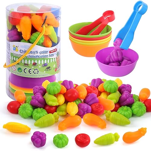 TSYAN Counting Vegetables Matching Games Sensory Toys with Sorting Bowls Preschool Learning Activities Color Classification Fine Motor Educational Toys Set Gift for Boys Girls Toddlers Toys Age 3+