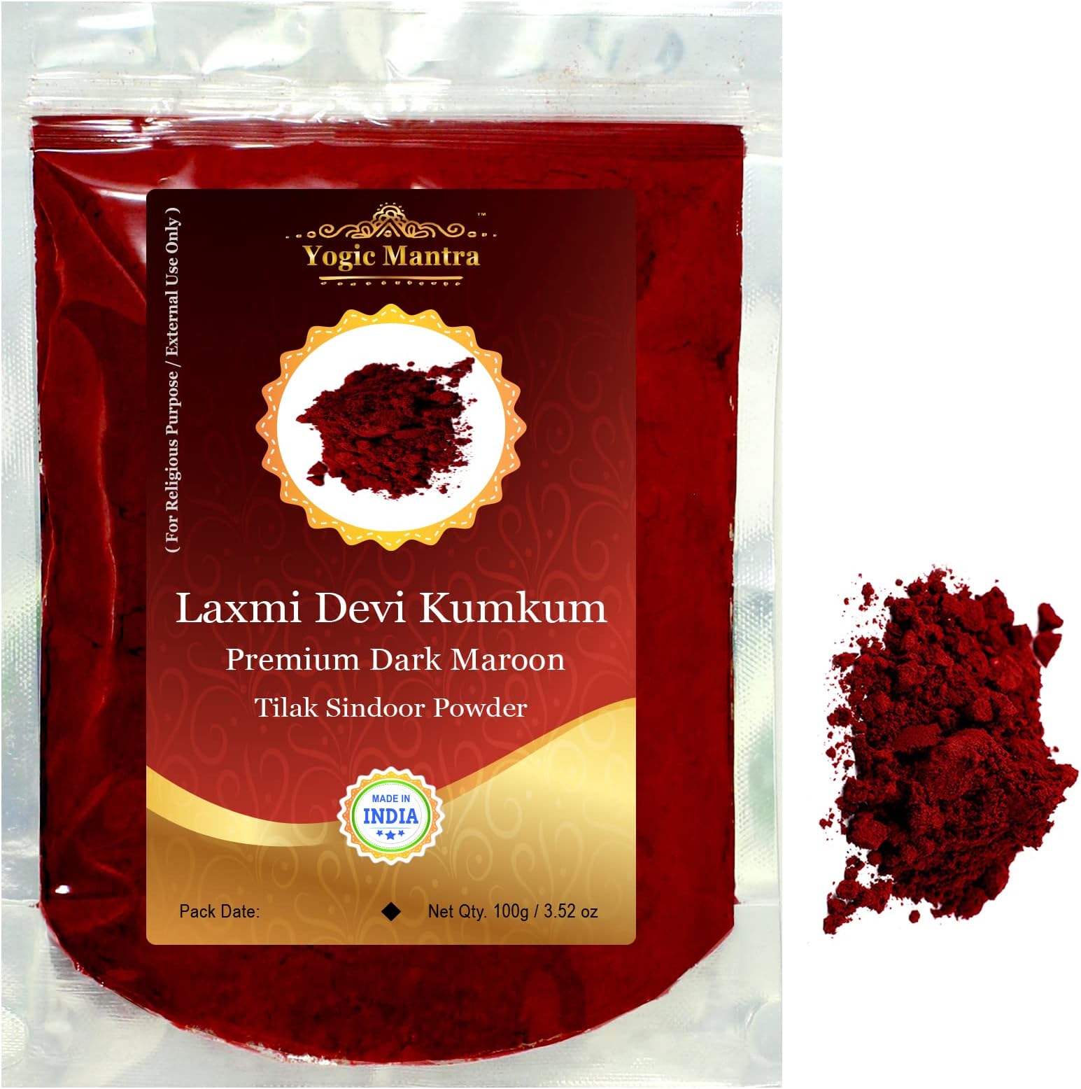 Yogic Mantra Kumkum Powder (100g Resealable Pouch) Premium Dark Red Maroon Color Sindoor Ceremonial Mark Sindur Laxmi Devi Hindu Pooja, Bridal Tilak, Suhag Tikka, Indian Rakhi Puja Religious Ceremony