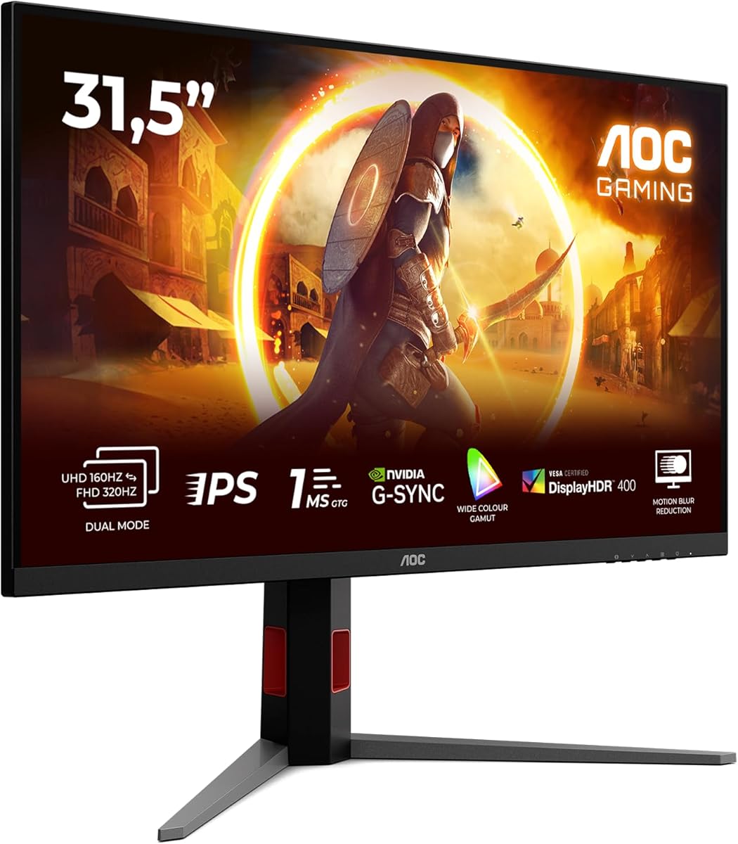 AOC U32G4U 31.5 inch UHD Gaming Monitor 160Hz, Fast IPS Panel, 0.5ms MPRT, Adaptive Sync, HDR400, G-Sync Compatible, Height Adjustment, (3840x2160 HDMI 2x 2.1 DP 1x 1.4 USB Hub) Black