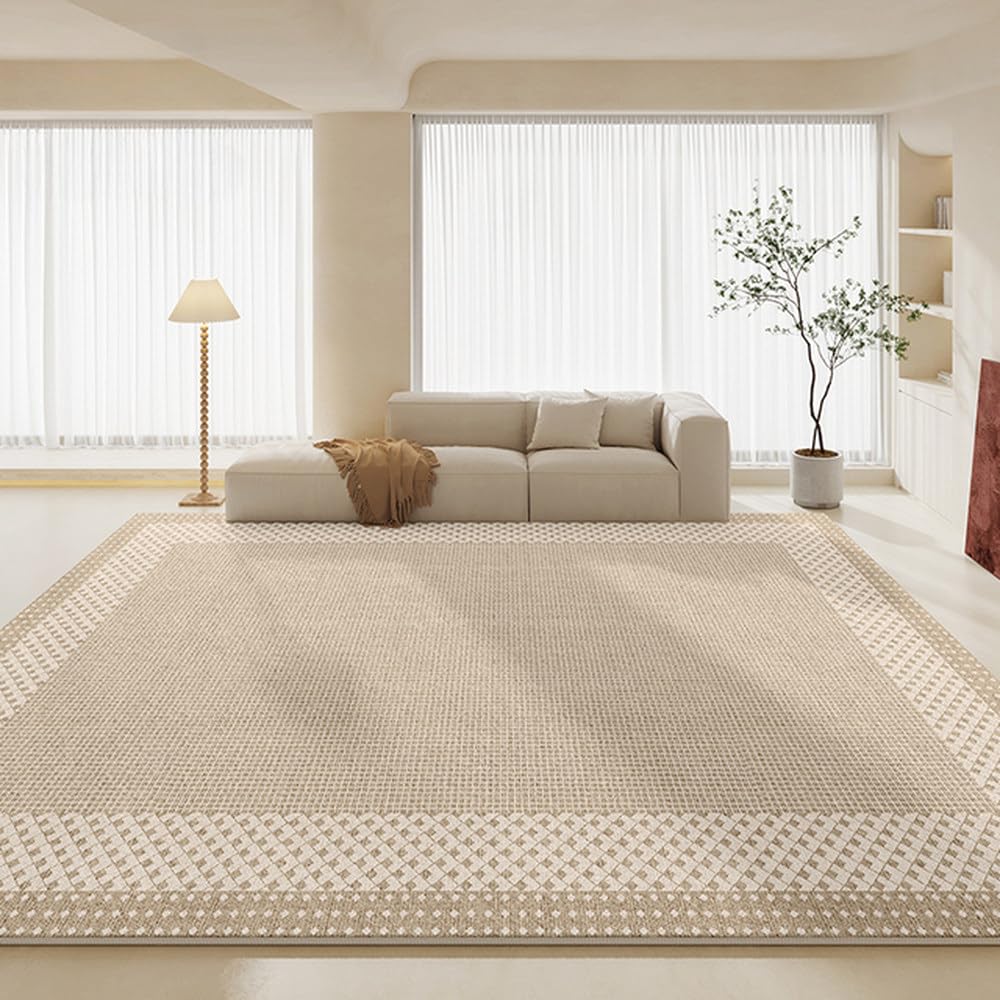Tapis de salon beige 140x200 cm au style minimaliste rayé pour habiller un vestiaire moderne