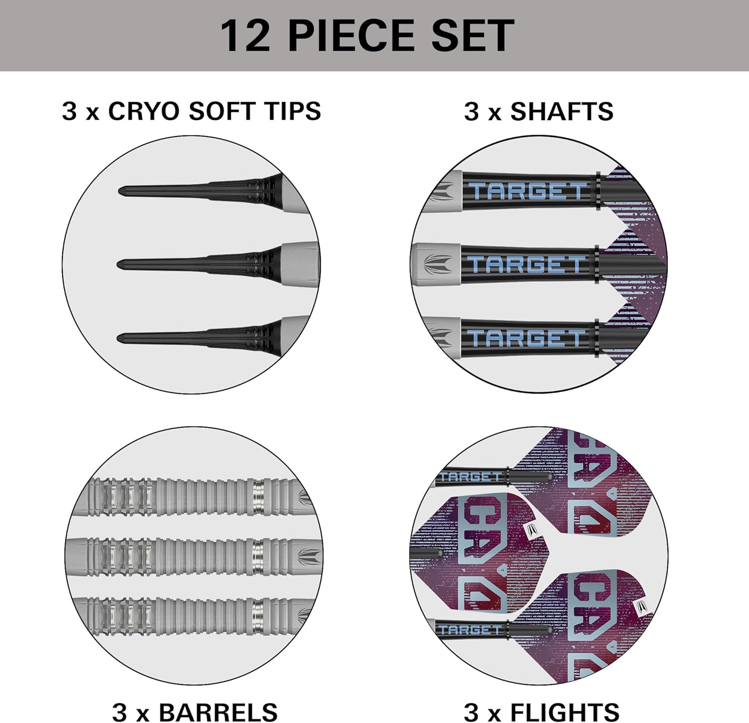 Target Darts Cryo Soft Tip Dart Set, Barrels 11/12/13 – 18G/19G/20G/21G | 90% Tungsten Barrel, Cryo Tips, Pro Grip Tag Shafts & No.6 Flights, Claret Purple & Blue Design