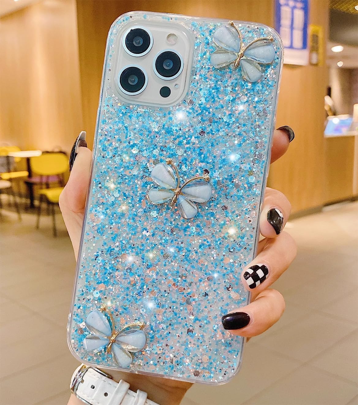 LXXZBC for iPhone 13 6.1" Case Fashion for Women Girls Design Cute 3D Butterfly Fancy Bling Glitter Soft Slim Silicone Cover with Crystal Strap Phone Skin,Blue