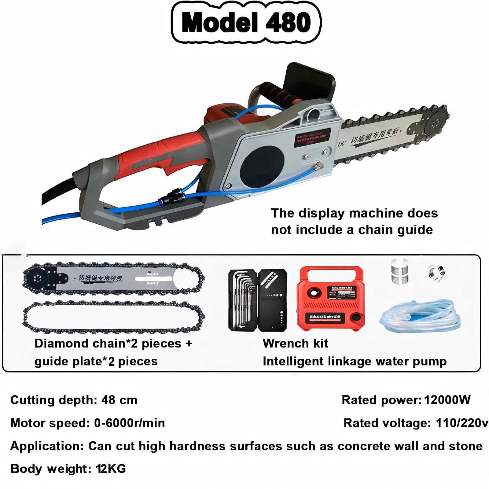 Motosierra Hormigón Industrial 12000W - Sierra Eléctrica Cadena Motosierra, Supresión Polvo, Baja Vibración, Acero Profundidad de Corte de 48 cm, para Paredes de Ladrillo y Cemento