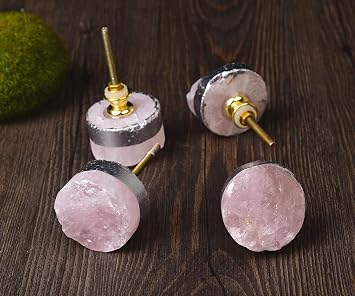 JIC Gem 4 Pack Rose Quartz Crystal Cabinet Knobs Silver Plated Drawer Pulls