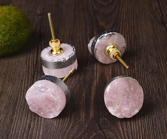 JIC Gem 4 Pack Rose Quartz Crystal Cabinet Knobs Silver Plated Drawer Pulls
