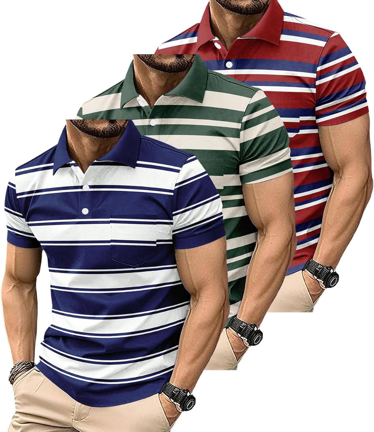 3 Pack Mens Striped Golf Shirt Moisture Wicking Quick-Dry Short Sleeve Casual Print Collared Golf Polo Shirts