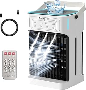 Portable Air Conditioner with Remote Control, 1100 ml Double Motor and Fan, Mini Air Conditioner, Timer 2-8 Hours 6 LED Lights, 3 Speed, 3 Mist, Cold Air Fan for Home Office