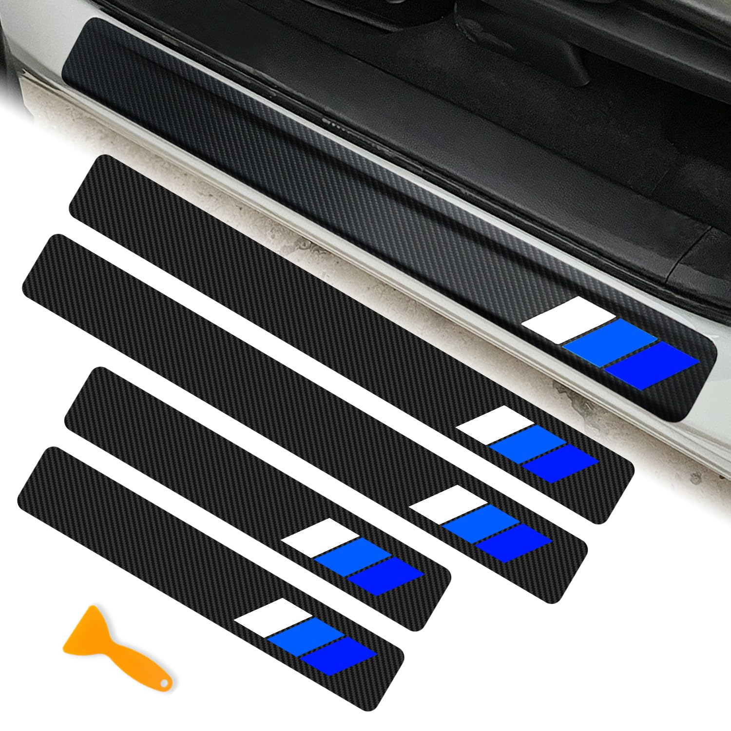 4Pcs Tricolor Door Sill Protectors for Toyota Tacoma TRD 4Runner Tundra Rav4 Highlander Sequoia Accessories, Carbon Fiber Retro Stripe Front/Rear Door Edge Guard Stickers(White/Blue/Dark Blue)