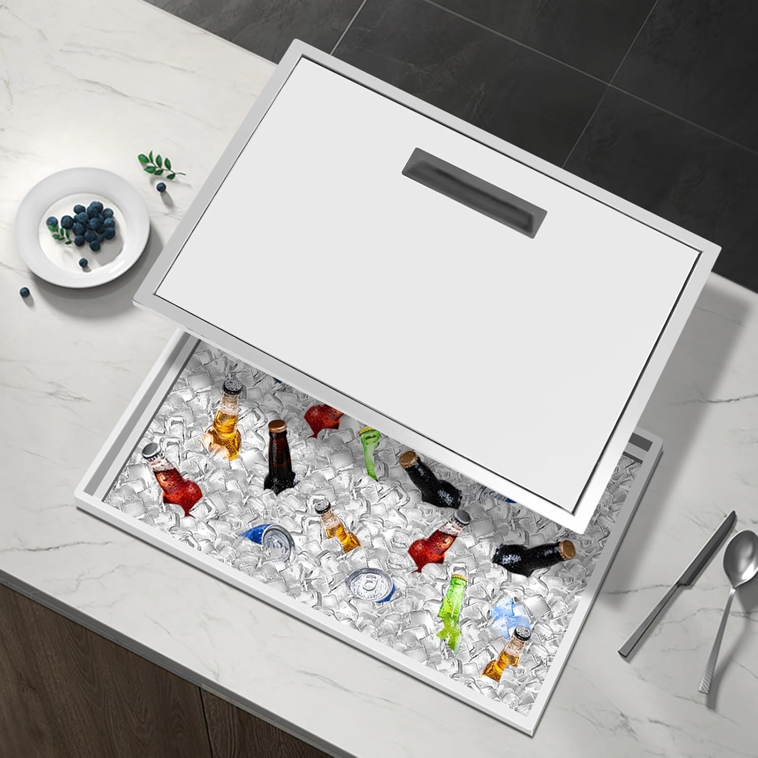 Drop in Ice Chest, 20.5''L x 13.5''W x 12.2''H with Cover 304 Stainless Steel Drop in Cooler for Cold Wine Beer Outdoor Cooling Bin for Dinner Parties, Parties, Bars, Kitchens, Offices