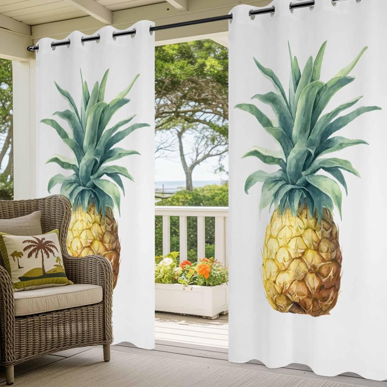 Outdoor Curtains for Patio Waterproof, Pineapple Outdoor Privacy Panels Grommet, Summer Botanical Watercolor Blackout Outside Curtains for Porch/Cabana/Pergola/Gazebo 54"x108", 1 Panel