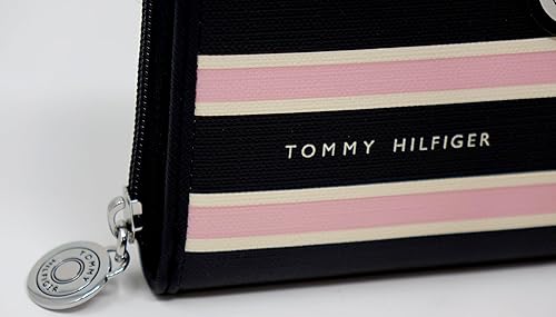 Miniatura 3 de Tommy Hilfiger Bolso de mano con cremallera de lona revestida con logotipo azul marino, rosa y blanco para mujer, Azul marino, Cartera con