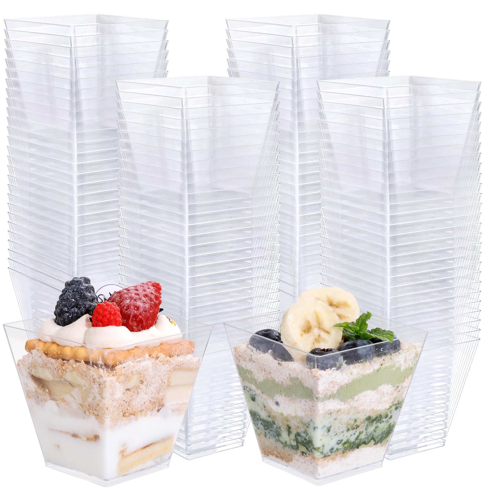 supernal 8oz Square Plastic Dessert Cups,Disposable Plastic Cups,Clear Dessert Cups 100pcs,Plastic Parfait Appetizer Cups Perfect for Birthday,Party,Wedding, RC315-1