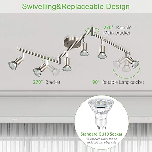 Miniatura 2 de Unicozin Kit de iluminación LED de 6 luces, níquel mate, iluminación de techo de 6 vías, cabezal de luz giratorio flexible, luz de riel moderna