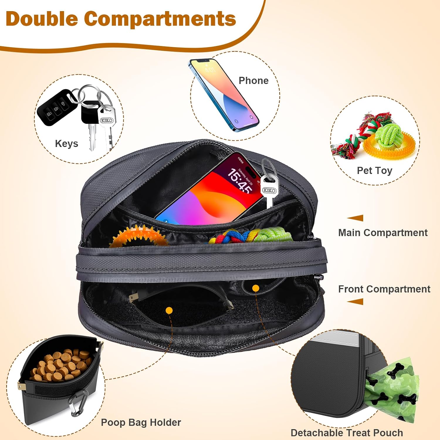 Dog Treat Pouch with Poop Dispenser and Reflective Strip for Training Walks | Removable Auto Closing Pouch, Dual Compartment, Waterproof Fabric, Crossbody Waist Belt for Hiking Outdoor Everyday Use