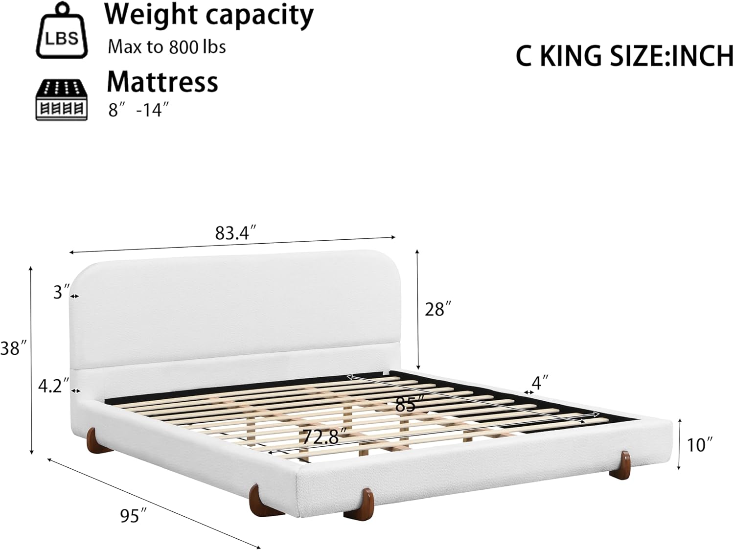 Christopher Knight Home Destin Modern California King Size Bed Frame and Headboard, Solid Wood California King Platform Bed Frame with Upholstered Headboard, No Box Spring Needed, Easy Assembly, White