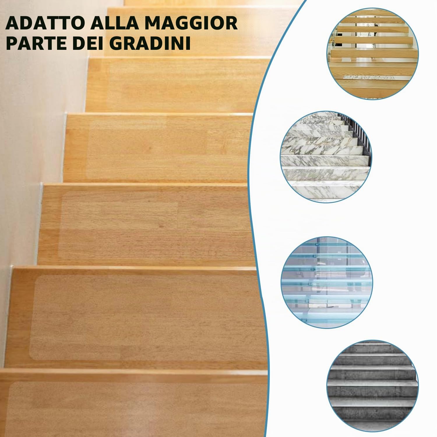 Tappetini per scale antiscivolo, autoadesivi, 15 x 80 cm, 15 pezzi, trasparente, antiscivolo, antiscivolo, per gradini in legno, per pavimenti