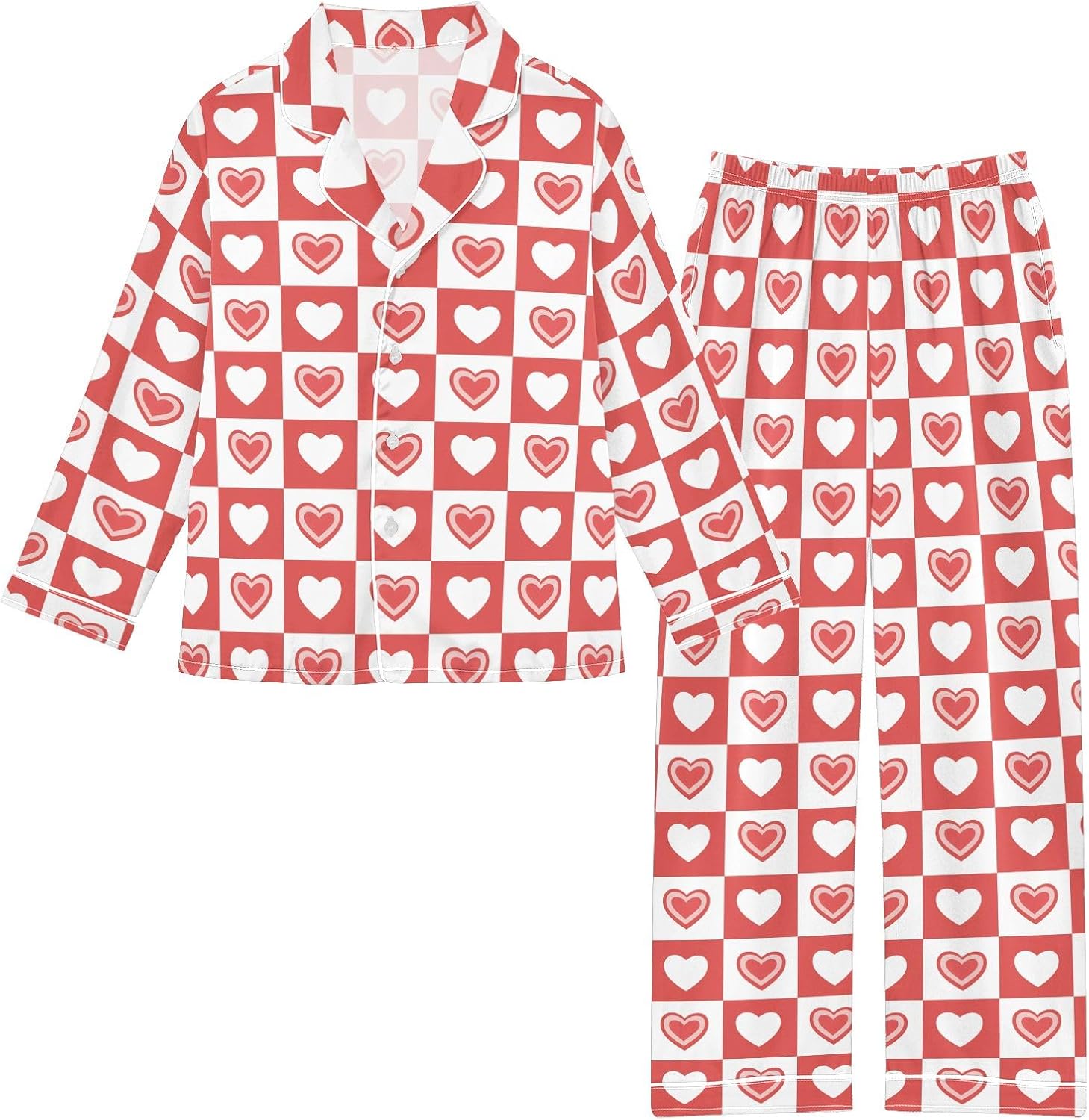 Kids Casual Satin Wear Set Heart Checkboard Pattern Unisex Relaxed Fit Clothing