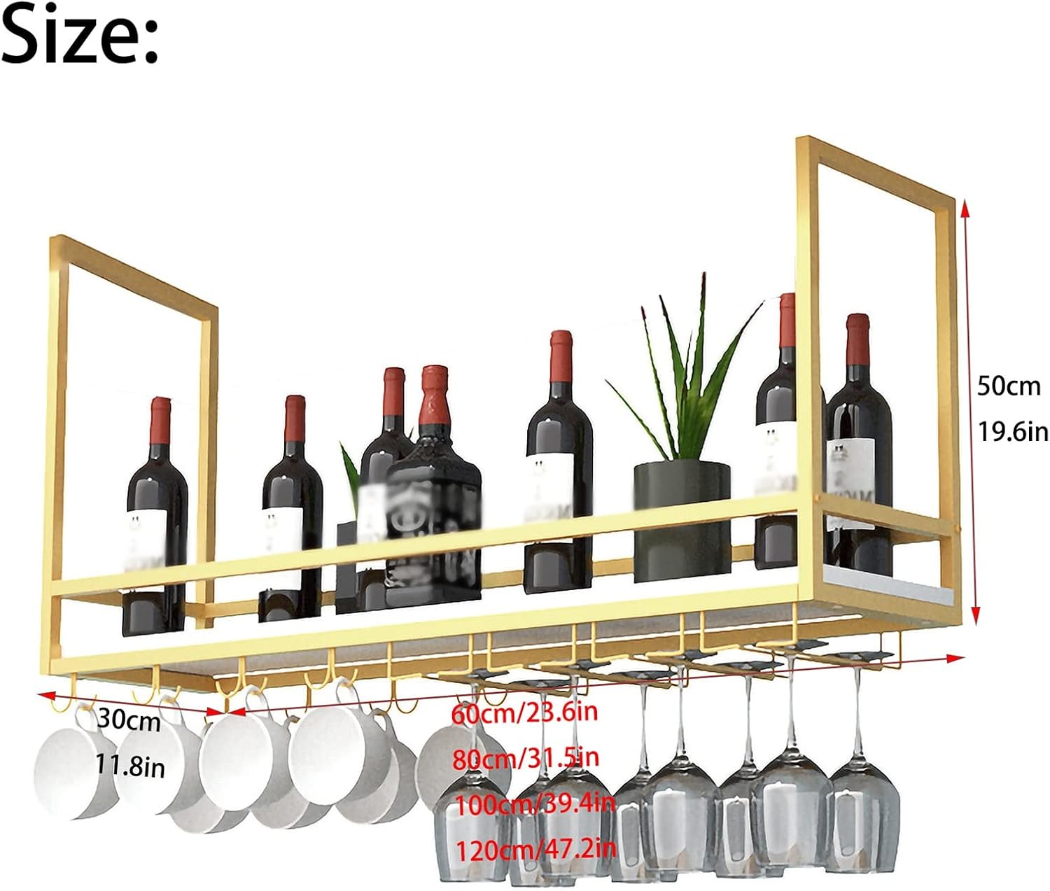 Hanging Wine Rack with Glass Holder and Shelf, Industrial Vintage Bar Floating Shelf with Guardrail, Ceiling Mounted Hanging Wine Bottle Holder,Gold-100x30x50cm