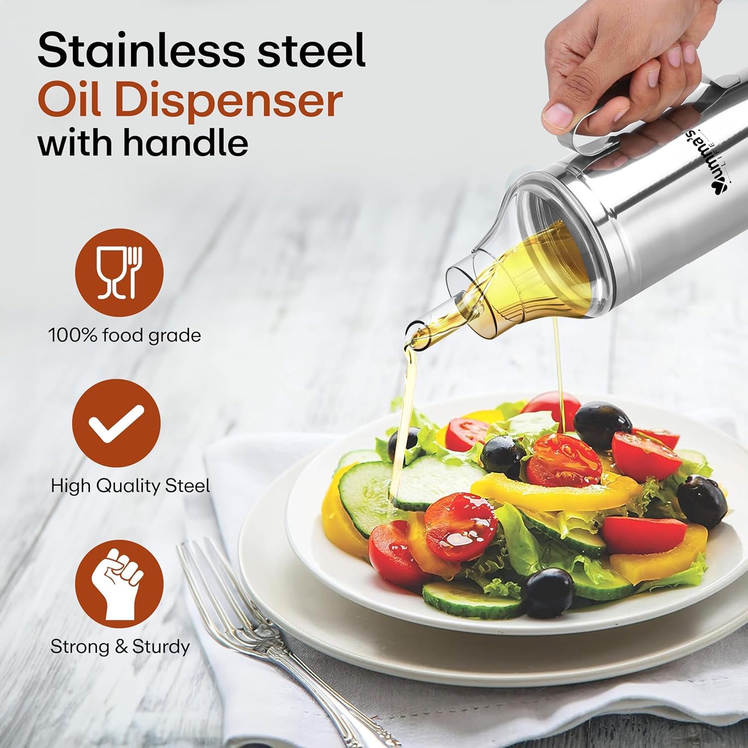 Mumma's LIFE Stainless Steel Oil Dispenser Bottle with Lid and Cap | Air-Tight Spill-Proof | Food Grade Pourer Drizzler (Silver, Set of 1) (1000 ML)
