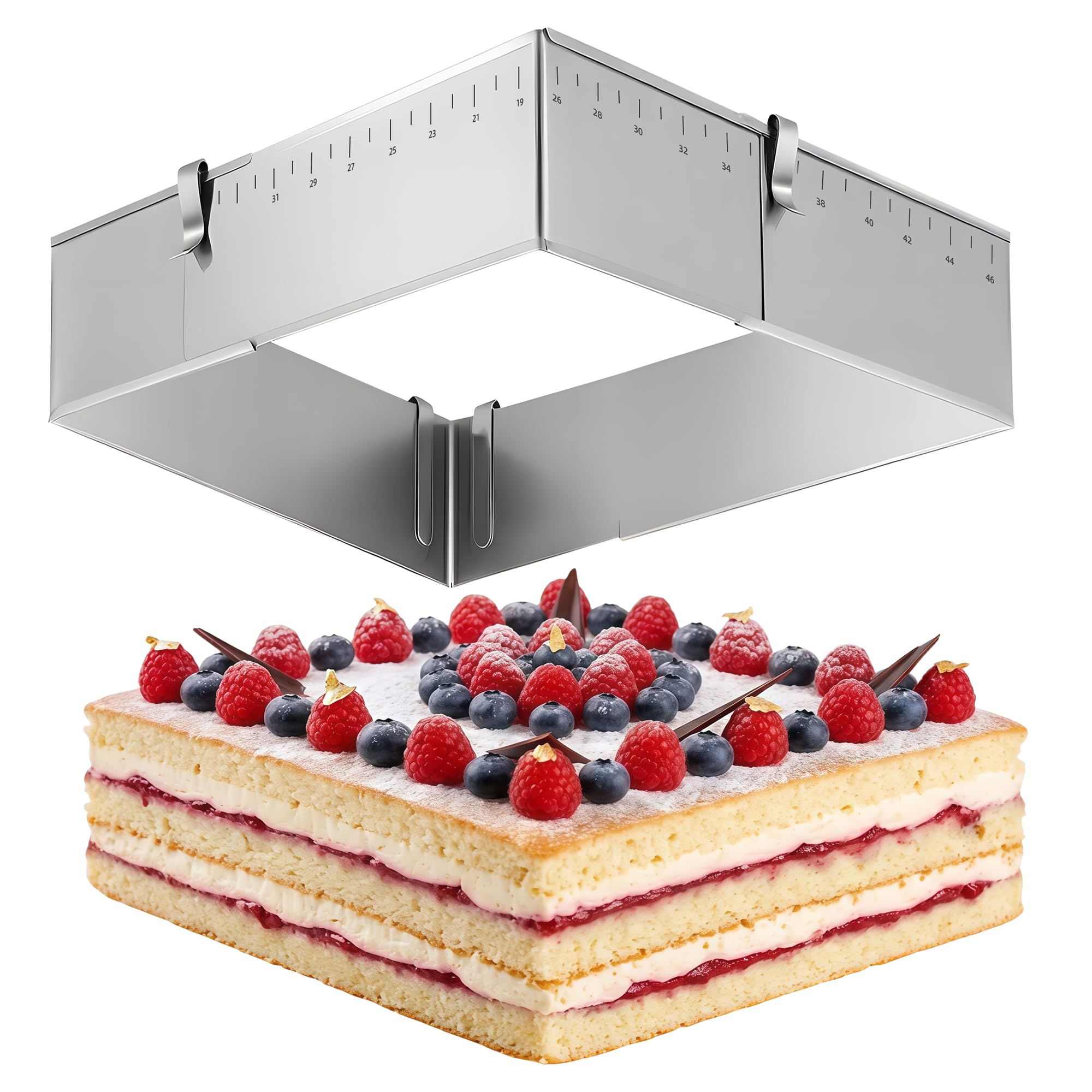 ICARE Backrahmen rechteckig verstellbar 8 cm hohe - Edelstahl Backform | Kuchenform eckig mit 4 Klammer für Schichttorten, Torten & Desserts – Zerlegbarer Tortenring eckig zum Backen