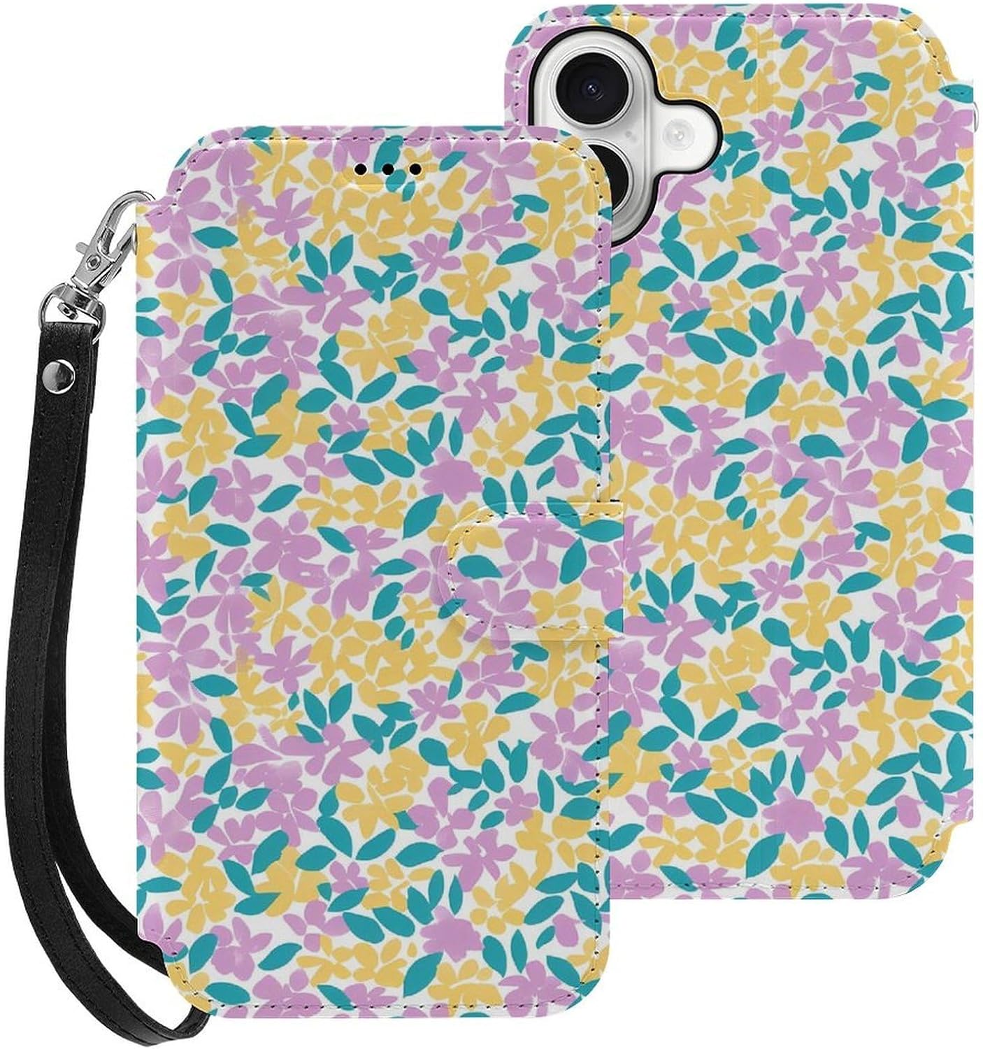 Vintage Cute Pastel Floral Compatible with iPhone 16/16 Plus/16 Pro/16 Pro Max/16 E Case Phone Wallet Card Holder Flip Cover with Wrist Strap