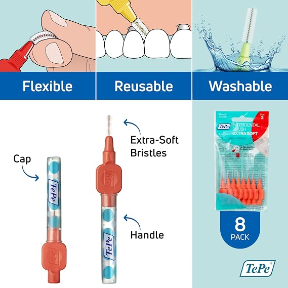 TePe Interdental Brush Extra Soft, Supersoft Dental Brush for Teeth Cleaning, Pack of 8, 0.5 mm, Extra-Small/Small Gaps, Red, Size 2