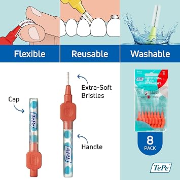 TePe Interdental Brush Extra Soft, Supersoft Dental Brush for Teeth Cleaning, Pack of 8, 0.5 mm, Extra-Small/Small Gaps, Red, Size 2