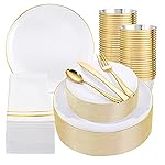 Festiva 350Pcs Gold Plastic Plates - White and Gold Dinnerware Set Disposable include 10 & 7 Plates,Cups,Silverware,Napkins -serve 50 Guests Perfect for Wedding& Chritmas & Party