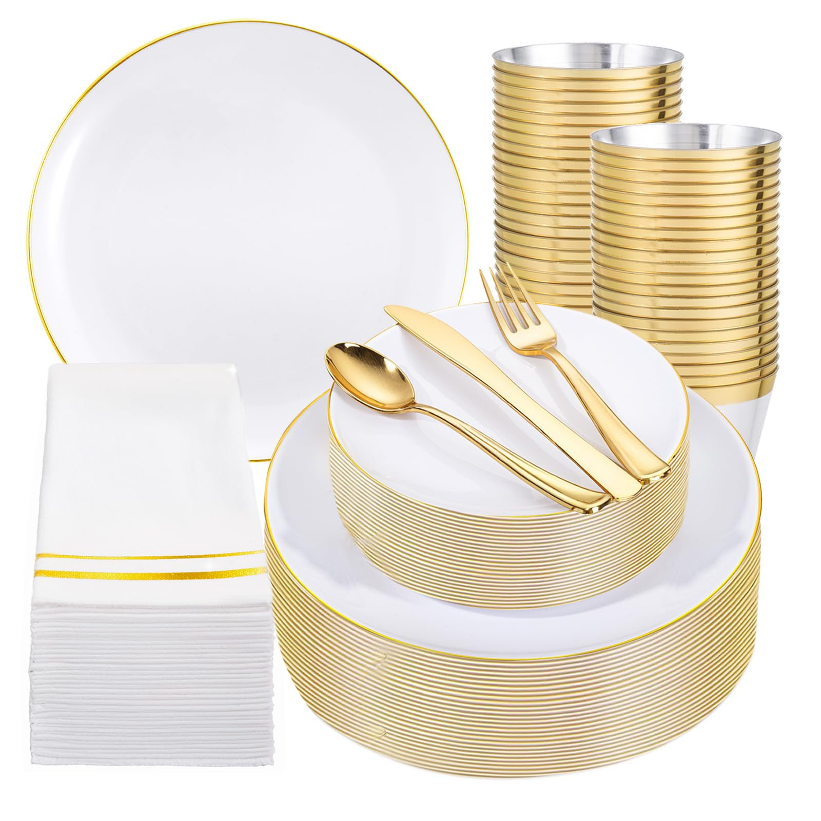 Festiva 350Pcs Gold Plastic Plates - White and Gold Dinnerware Set Disposable include 10" &amp; 7" Plates,Cups,Silverware,Napkins -serve 50 Guests Perfect for Wedding&amp; Easter&amp;Birthday Party
