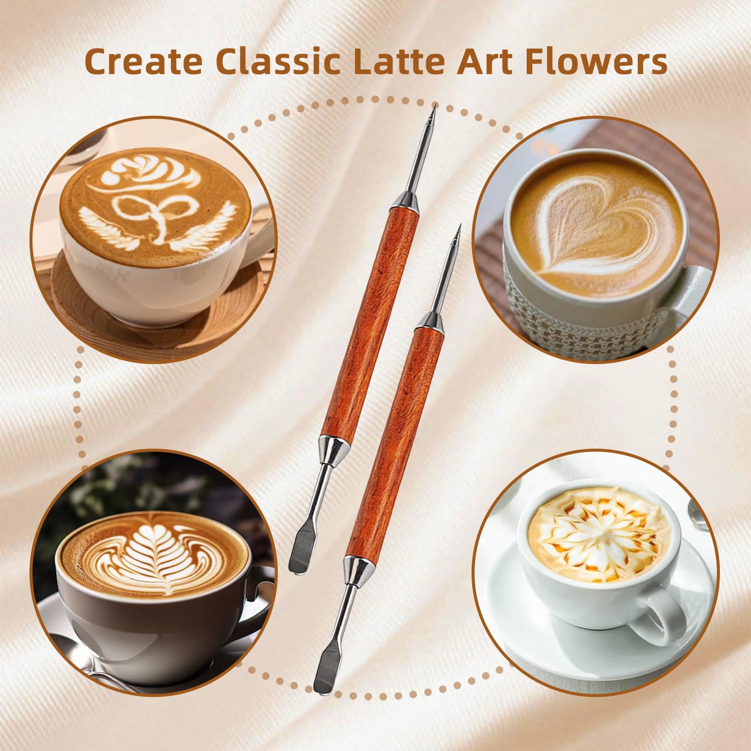 Bolígrafo Latte Art, Herramientas Barista Acero Inoxidable Doble Punta con Madera Negra - 2 Piezas