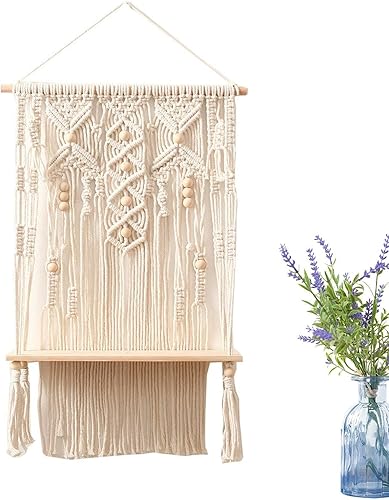 Soporte para plantas de pared de macramé, tapiz tejido, color beige, bohemio, estantes de arte para el hogar, almacenamiento en el hogar, estante