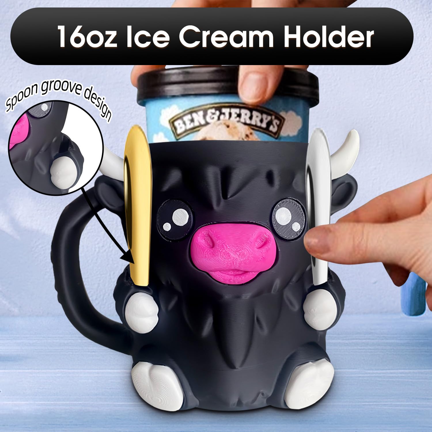 Highland Cow Eiscremehalter mit Griff und Löffel, 3D-wiederverwendbarer Eisbecher, Pint-Halter mit Snackschublade, niedlicher Tier-Frost-Becherhalter für Eis, Bierdose, groß