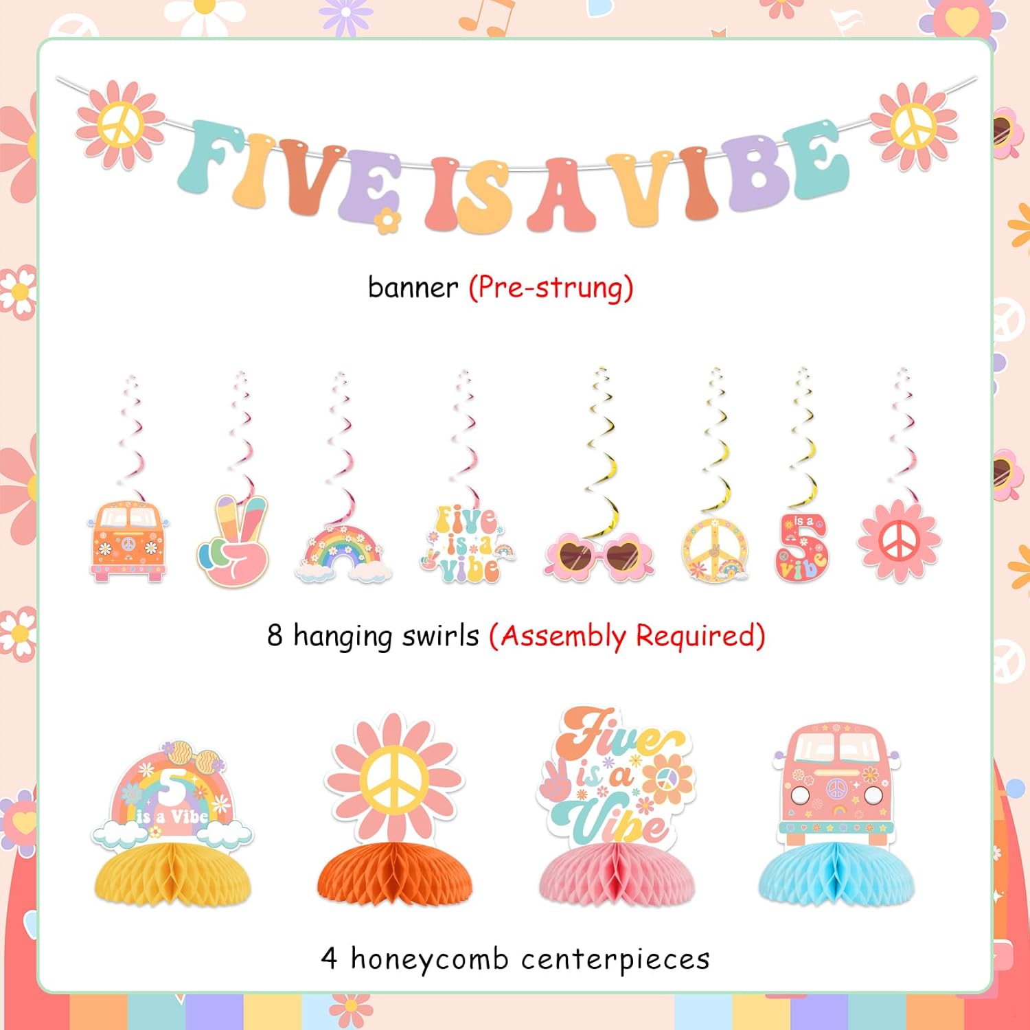 Five is a Vibe Birthday Party Decorations for Girls Groovy 5th Birthday Banner Hanging Swirls Honeycomb Centerpieces for Retro Hippie 60s 70s Five Year Party Supplies