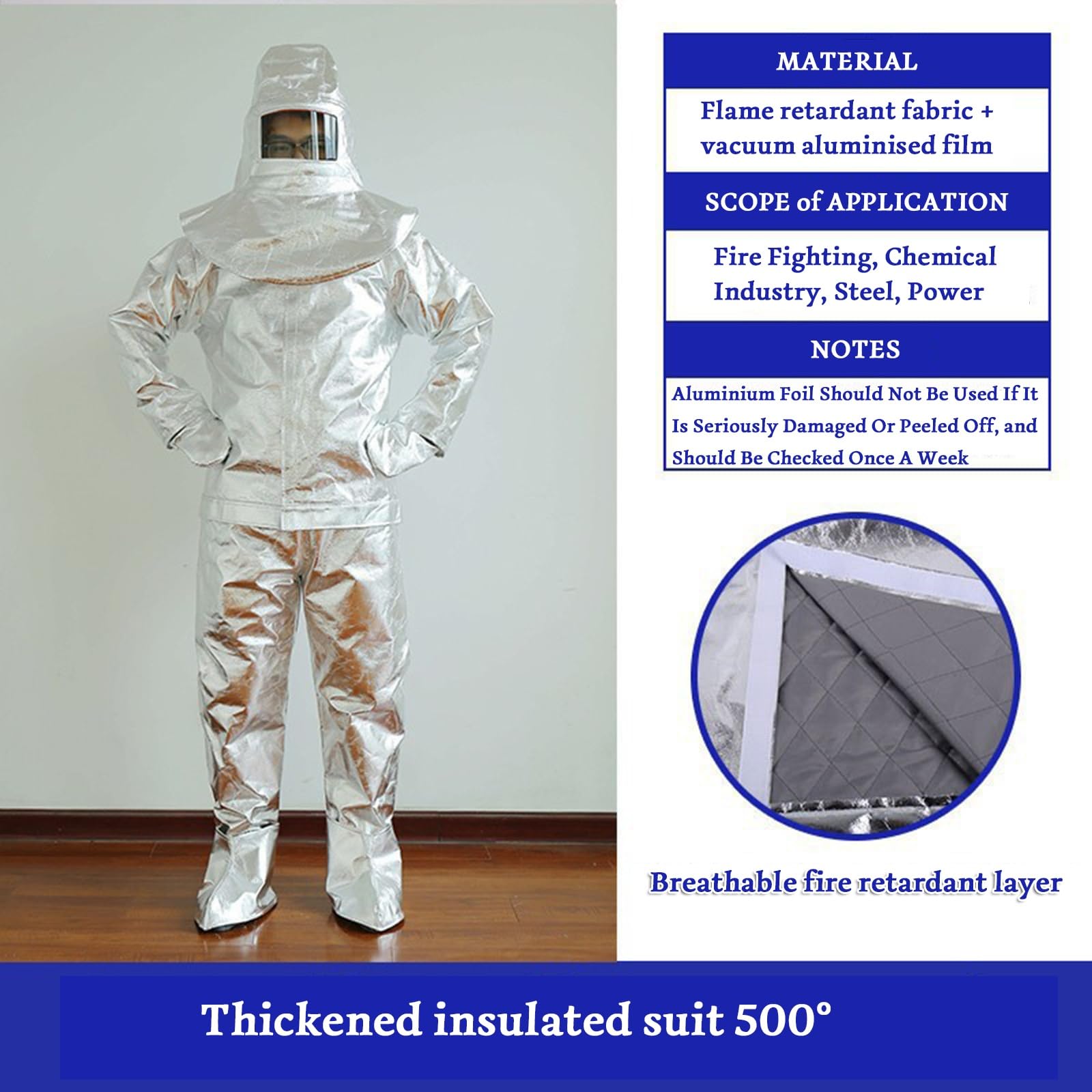 Hitzebeständiger Anzug Feuerfester Aluminisierter Schutzanzug Flammhemmender Anzug Gegen Wärmestrahlung 500-1000℃(1000degrees)