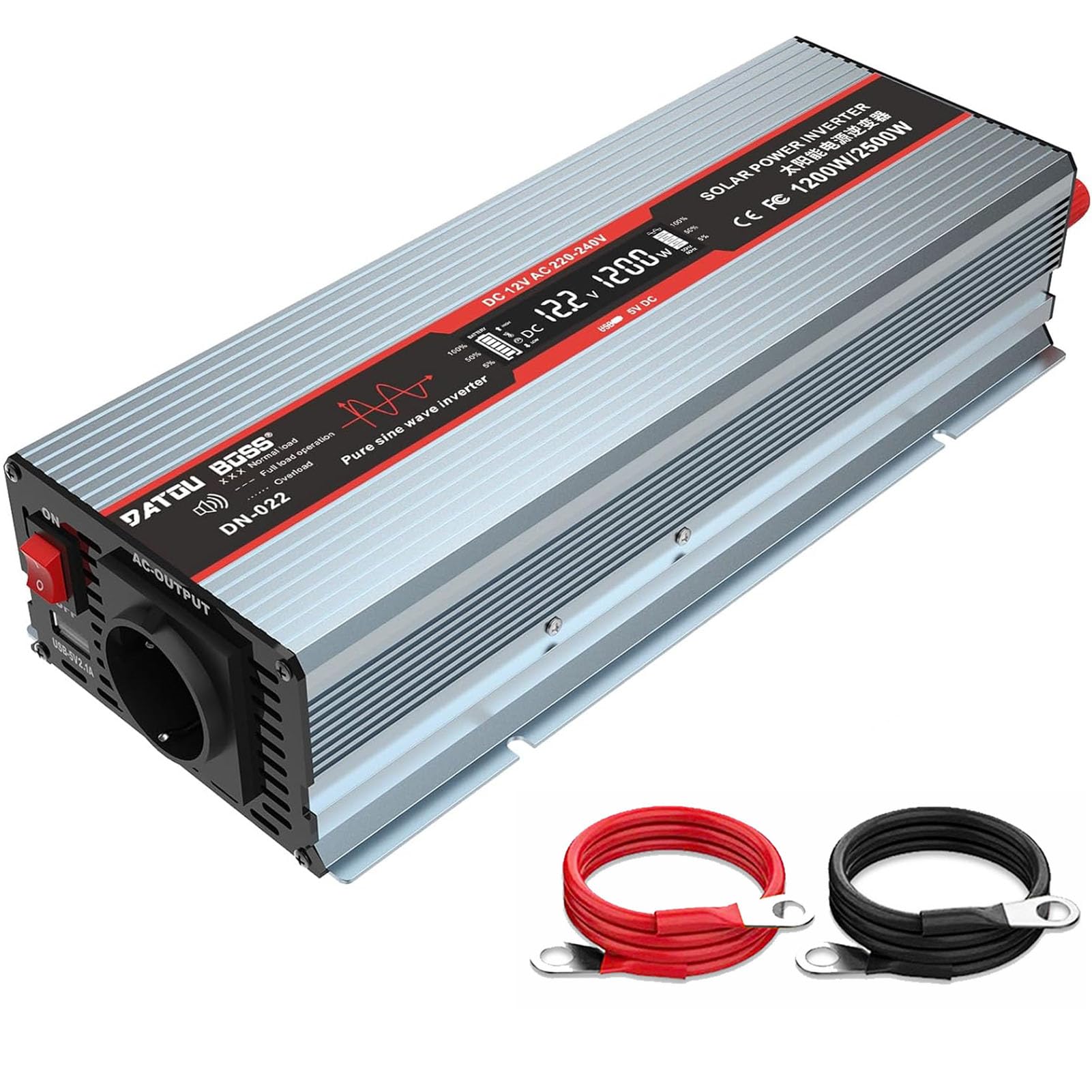 DATOUBOSS Inverter 12 V to 230 V Pure Sine Wave Voltage Converter 1200 W Inverter, Peak Power 2500 W with EU Sockets, USB Ports and LED Display for Household Appliances, Car, Caravan, Truck, Grey