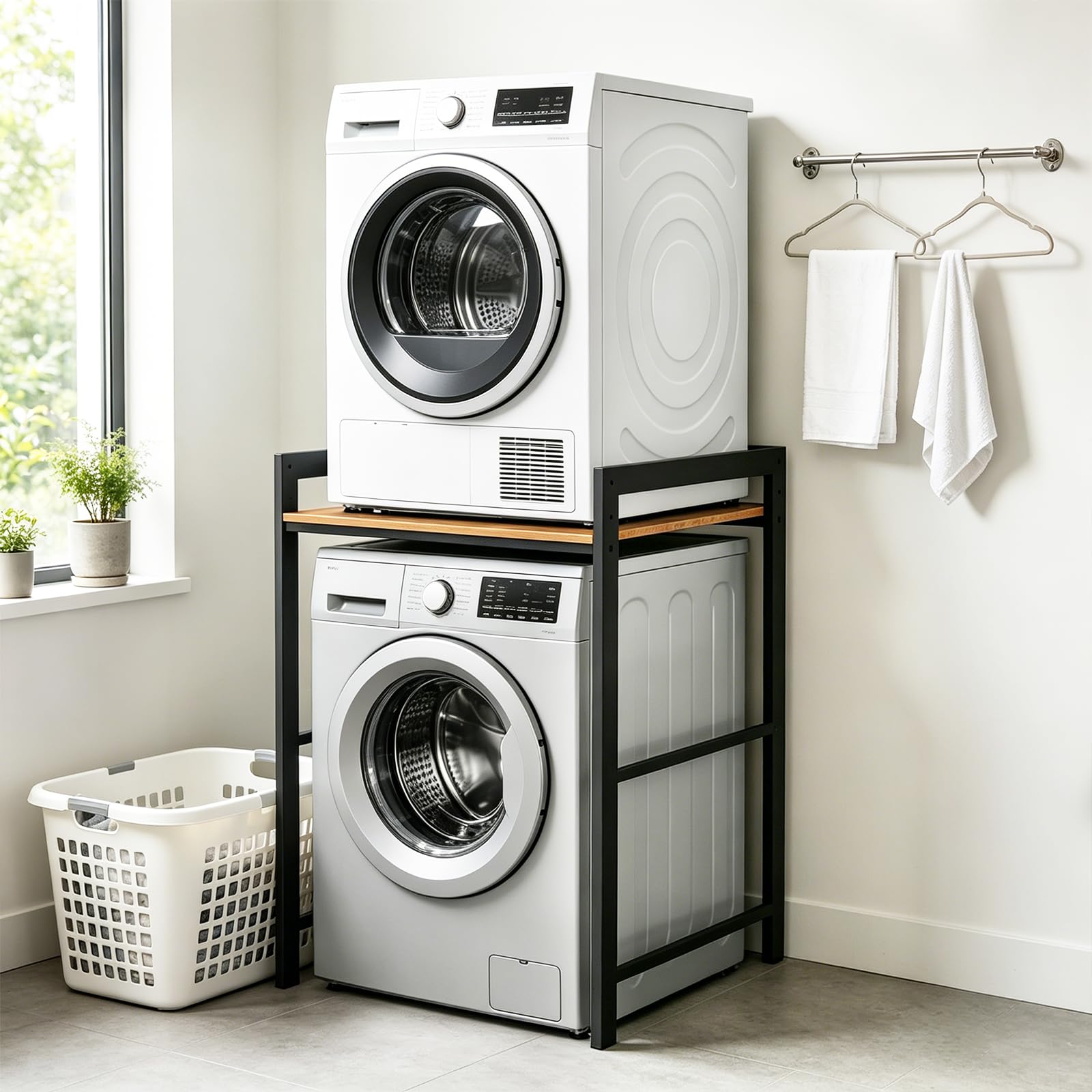 Waschmaschinenregal 3 Höhenverstellbar, Verstellbar Waschmaschine Trockner Schrank, Regal für Waschmaschine, bis 350 kg, Schrank für Waschmaschine und Trockner, 69x65x102cm (Schwarz)