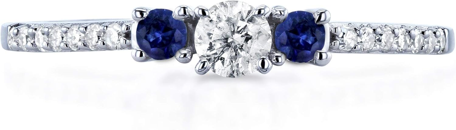Kobelli Three Stone Round Diamond and Sapphire Engagement Ring 1/4 Carat TW in 10k White Gold - Image 2