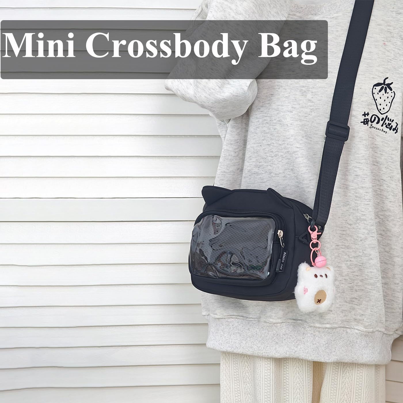 Kleine Ita Messenger Tasche für Damen, Kawaii Crossbody Tasche mit transparentem Pins Display-Fenster, Nylon Schultertasche mit mehreren Fächern