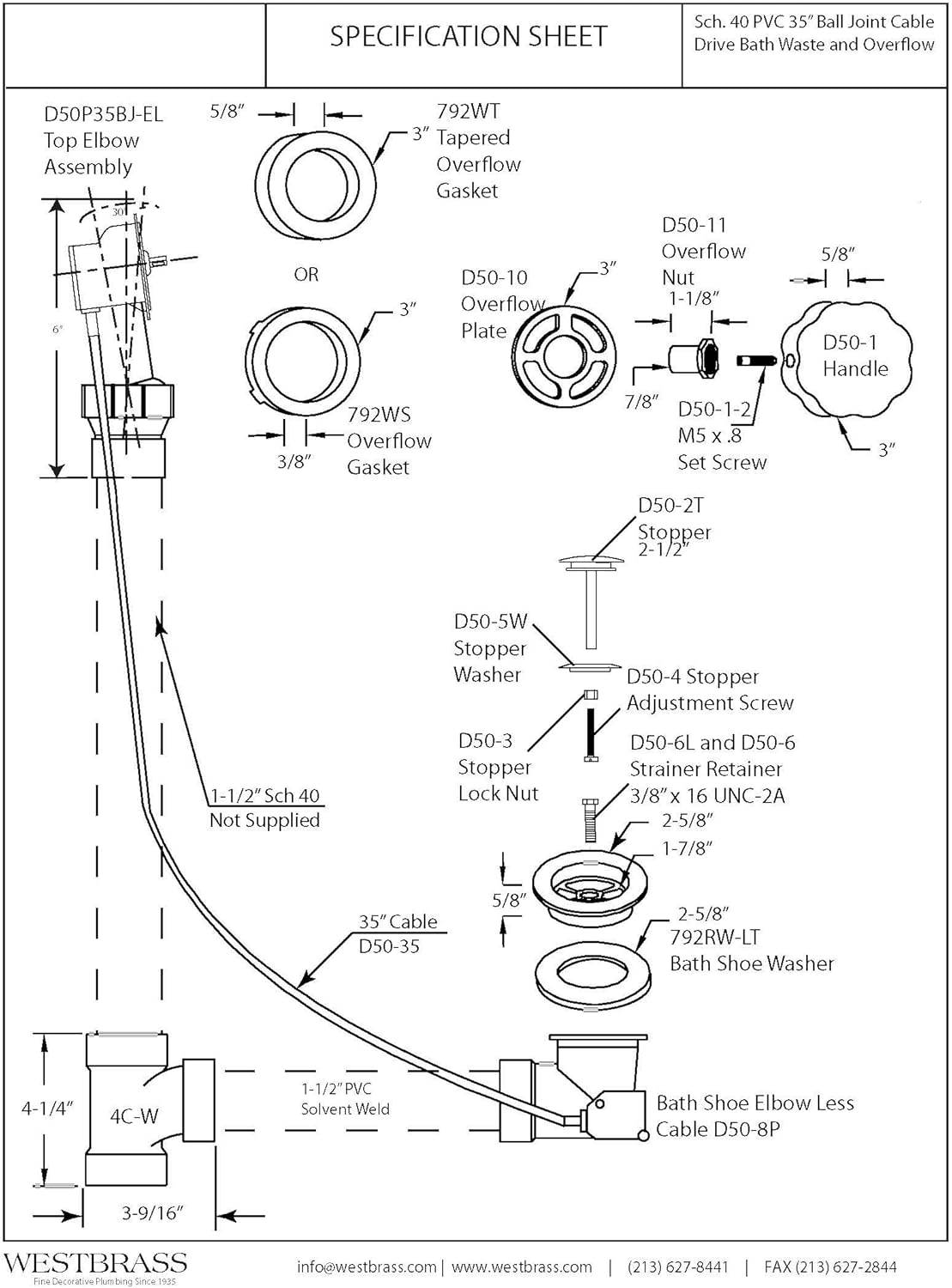 Westbrass D50P35BJ-26 35" Ball Joint Schedule 40 PVC Cable Drain, Polished Chrome