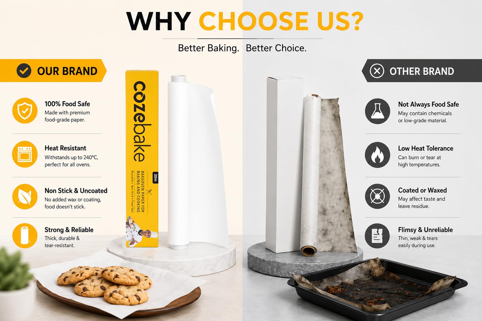Coze Baking Paper 11 inch x 20 metres Roll Pack of 1, Oven & Microwave Safe Upto 240°C, No Added Wax or Coating, 100% Food Safe, FDA Approved Butter Paper, Parchment Paper for Baking Cake (Off-White) 2