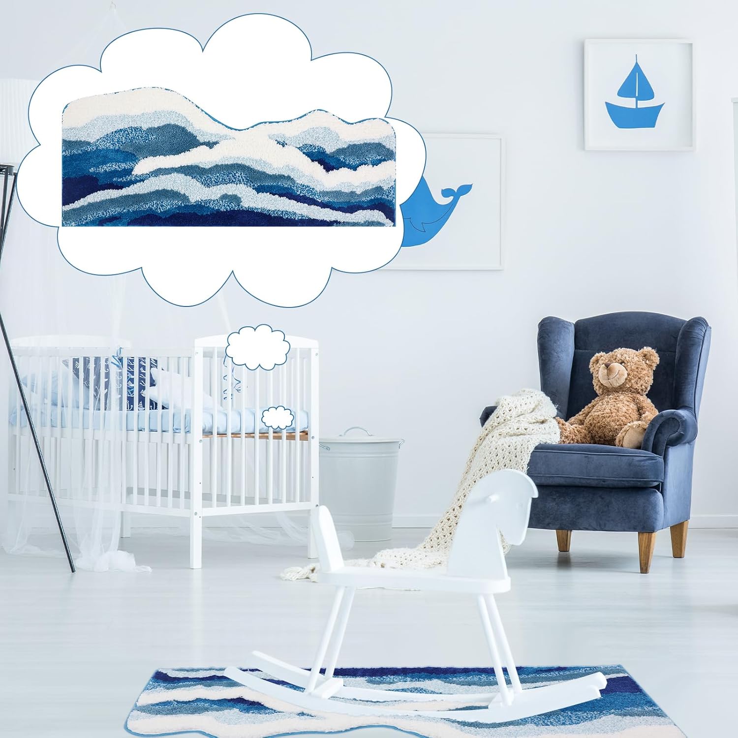 Tinideya 2 Pcs Wave Rug Blue Ocean Rug 3D Aesthetic Plush Beach Mat Non Slip Cute Backing Trendy Bath Mat Coastal Washable Soft Romantic Carpet for Shower Bedroom Bathroom Kitchen Decor