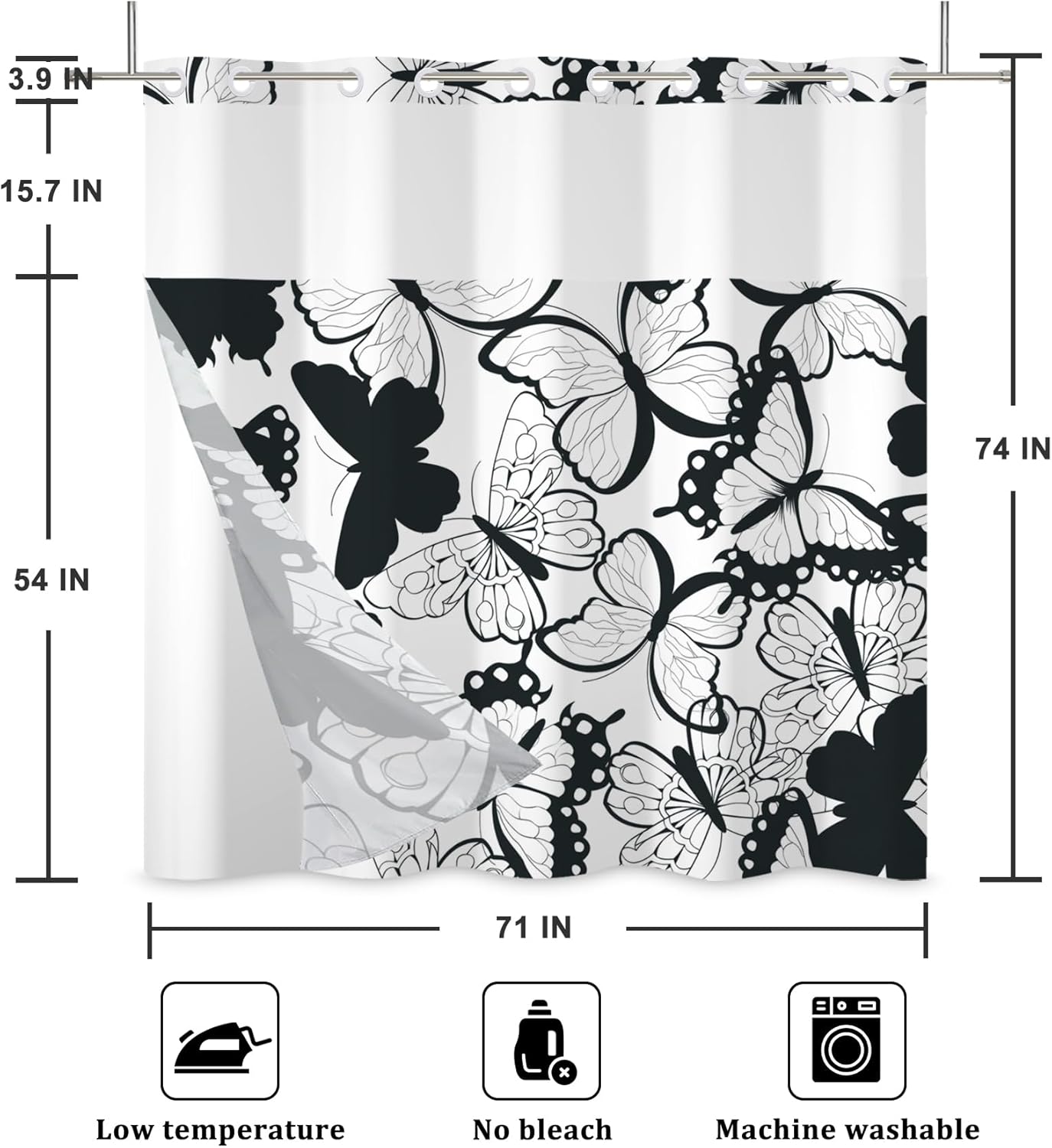 Baocicco Black and White Butterfly No Hook Shower Curtain with Snap in Liner Decorative Aesthetic Women Girls Hotel Style Waterproof Fabric Double Layers with See Through Mesh Top Window 71x74 Inch