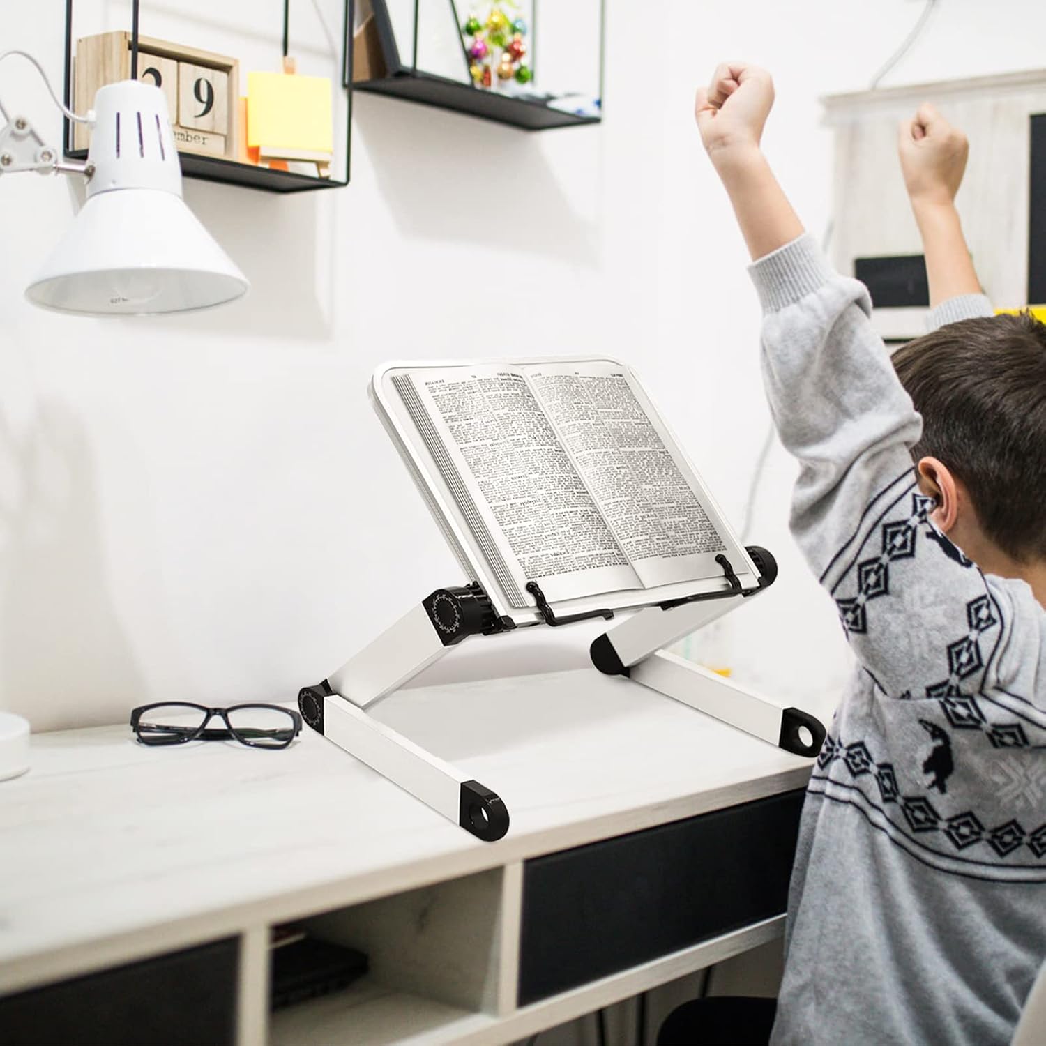 Adjustable Book Stand,Durable and Lightweight Aluminum Book Holder Stand with 2 Flexible Paper Clips,Ergonomic Book Holder for Tablets, Magazines, Documents