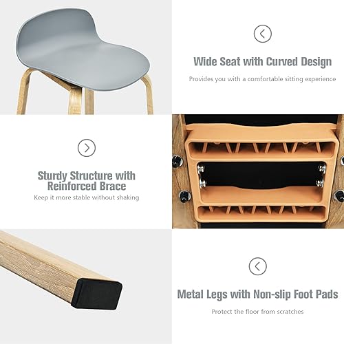 Miniatura 9 de COSTWAY Juego de 2 taburetes de bar de metal gris, 30 pulgadas de altura, diseño minimalista moderno con reposapiés y respaldo bajo, ideal para pub,