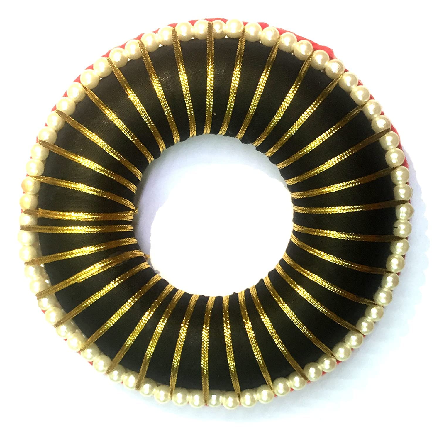 PMW - Hair Accessories - Hair Bun - Bharatanatyam Black Plastic Hair Bun With Pearls and Gold Rose to Wrap Around Hair Bun - Classical Dance Accessories Dance-image-47