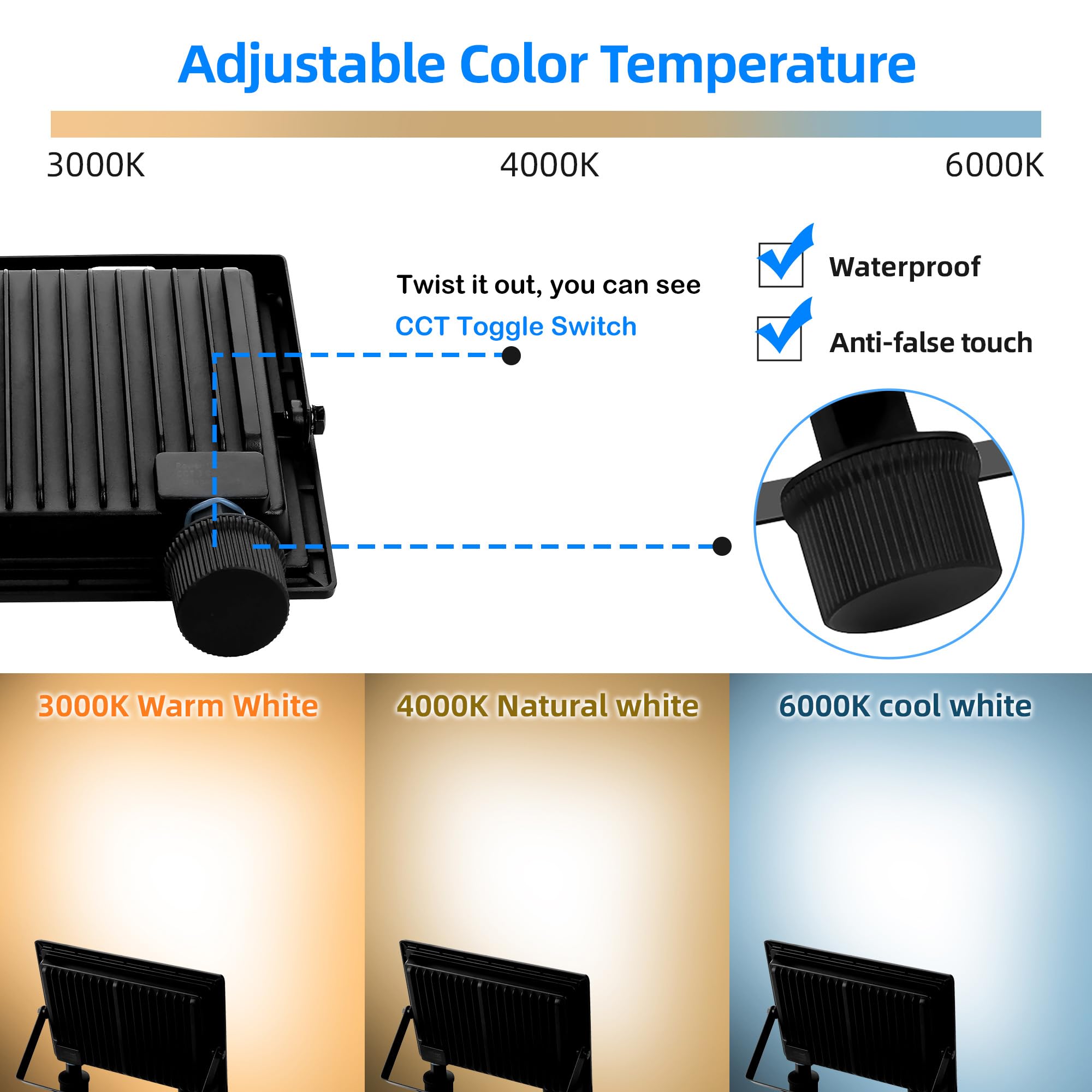 Gopretty 120W LED FloodLights Outdoor 2 Pack, 14000LM Dimmable, 3CCT 3000K 4500K 6000K Selectable, IP66 Waterproof, Outdoor Security Flood Light for Yard, Garden, Garage