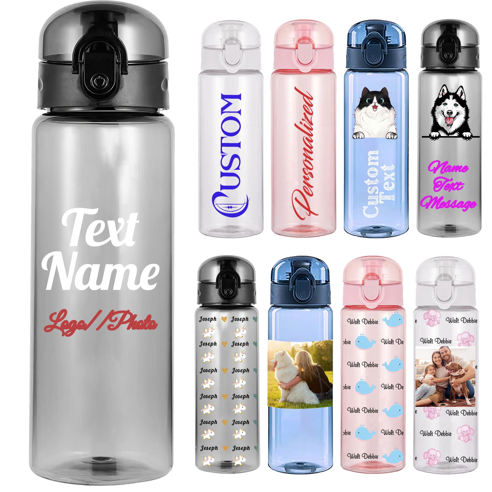 Xsersao 780ml Custom Water Bottle Personalised Plastic Bottle with Name Photo Printed Clear Bottle Gift for Girl Boy Adults Men Women Gym Sports, Black | Horizontal Text