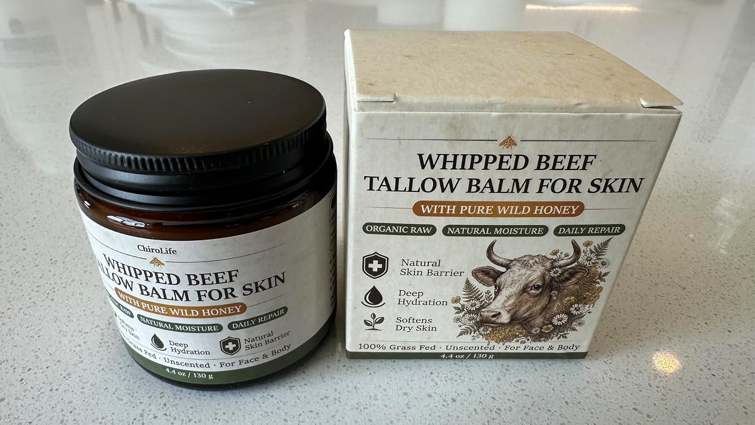 ChiroLife Beef Tallow for Skin – Whipped Tallow and Honey Balm for Face & Body, Grass-Fed Deep Moisturizing Cream, Non-Comedogenic Natural Moisturizer for Dry & Sensitive Skin, 4.4 oz
